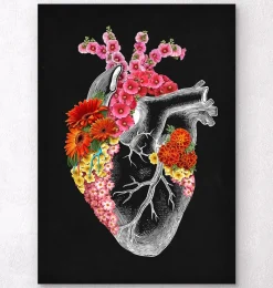 Codex Anatomicus Heart Anatomy^Anatomical heart with flowers II - Black