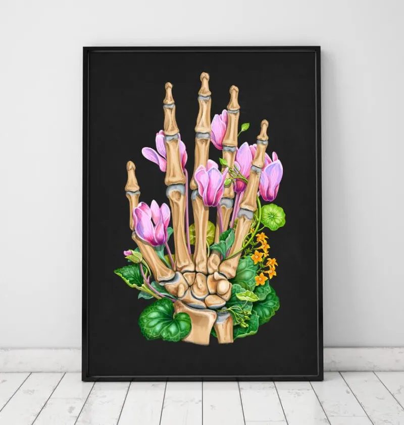Codex Anatomicus Skull & Skeleton | Hands & Legs^Bones of a hand - Floral - Black
