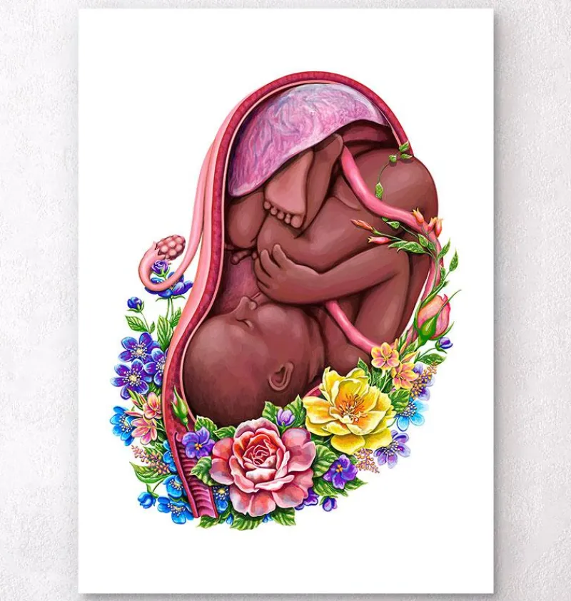 Codex Anatomicus Obstetrics & Gynecology^Fetus with flowers - Dark skin tone
