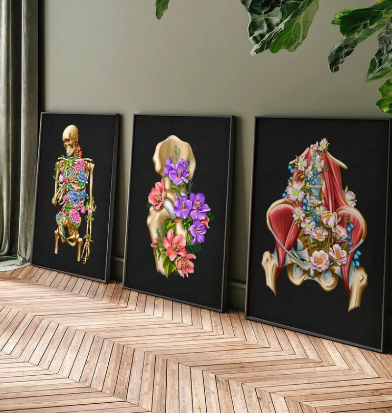 Codex Anatomicus Skull & Skeleton^Iliacus and Psoas muscles - Floral - Black