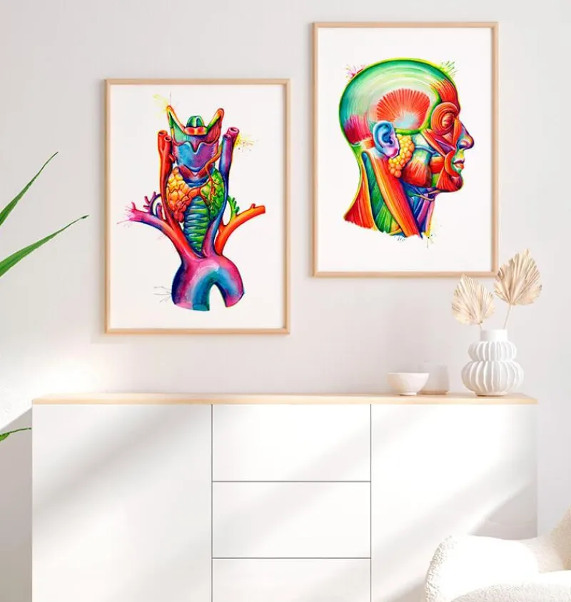 Codex Anatomicus Various Organs^Larynx, Thyroid and Aorta - Watercolor splash anatomy art