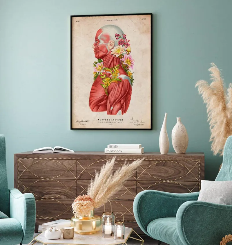 Codex Anatomicus Full Body Anatomy^Muscles side view - Floral - Vintage