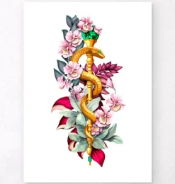 Codex Anatomicus Heart Anatomy^Rod of Asclepius - Floral - White