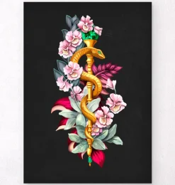 Codex Anatomicus Heart Anatomy^Rod of Asclepius - Floral - Black