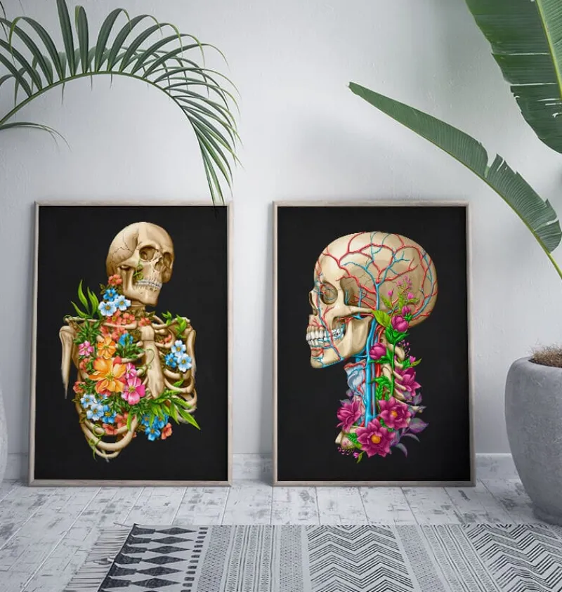 Codex Anatomicus Skull & Skeleton^Skeleton anatomy - Floral - Black